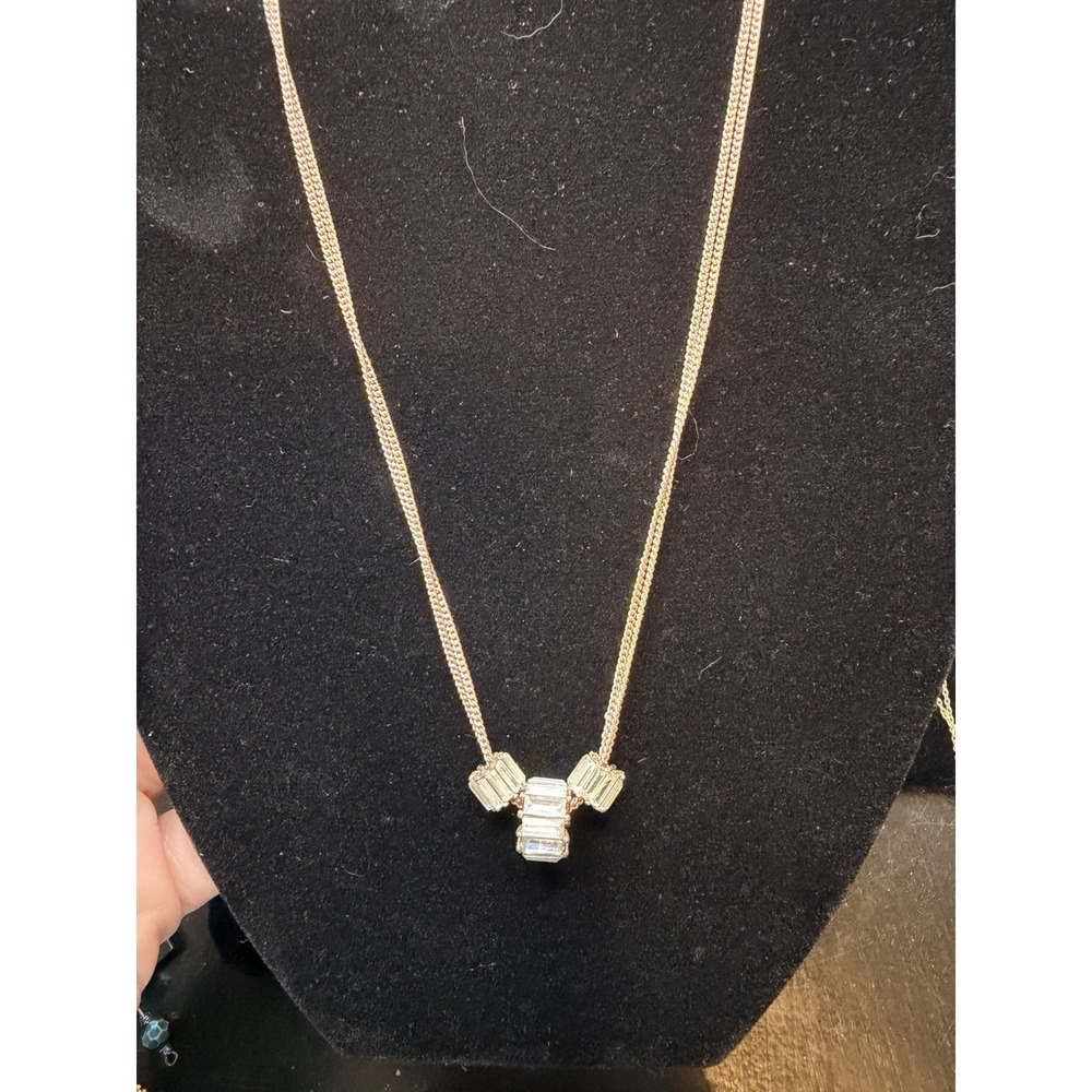 Betsey Johnson Clear Crystal Rose Gold Tone Baguette Pendant Necklace Signed - Picture 5 of 7